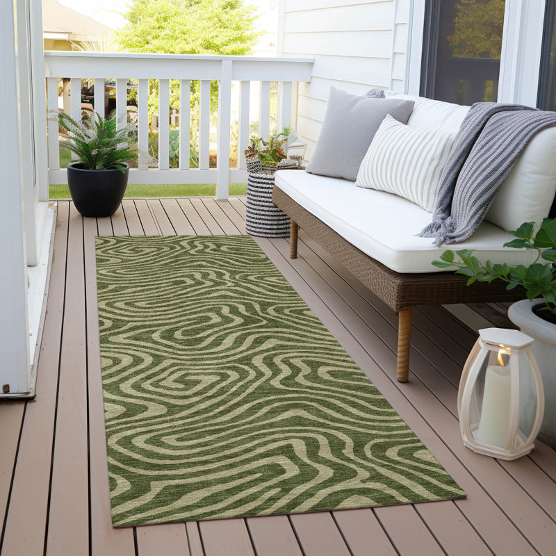 Olive and Beige Flat Woven Synthetic Runner Rug