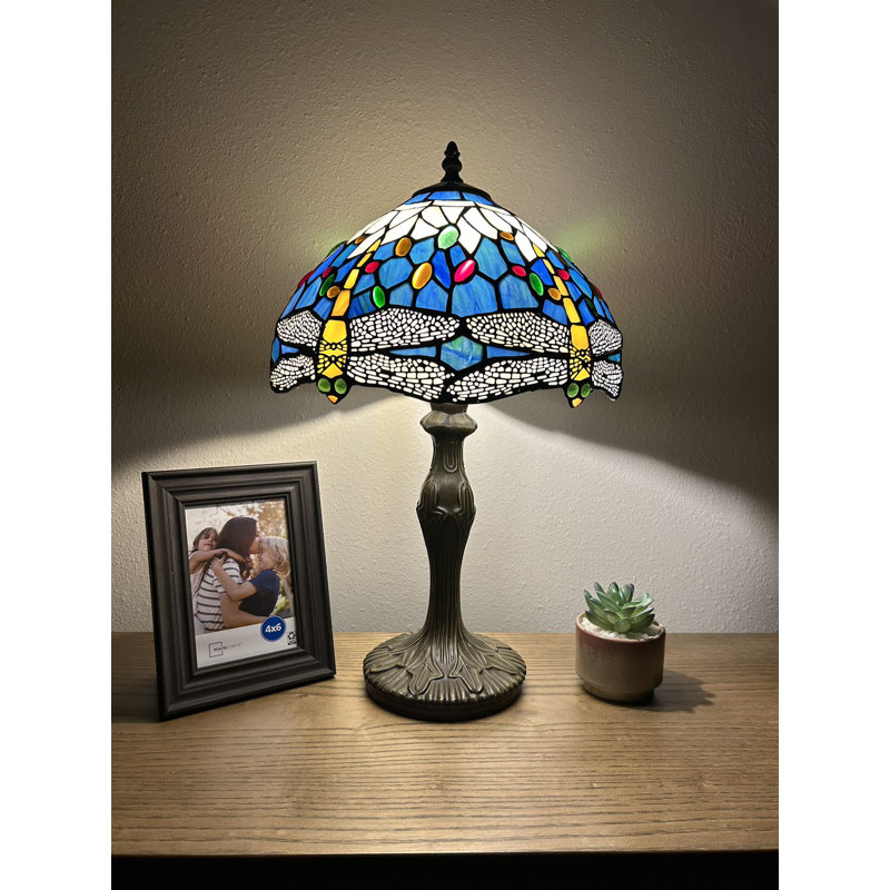 Lowell Tiffany Table Lamp Blue Stained Glass Dragonfly LED Bulb Included 12"W 12"D 19"H