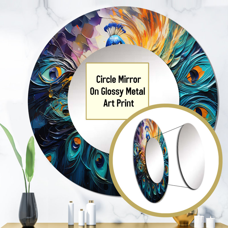 Peacock Feather Drips II - Peacock Large Mirror, Modern Round Decorative Wall Mirror, Printed Metal Art, 36" x 36"