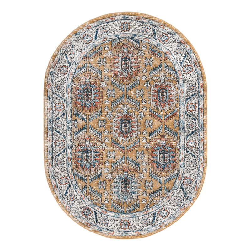 Weingartner Performance Mustard Yellow/Ivory/Blue Rug, Oval 4' x 6'