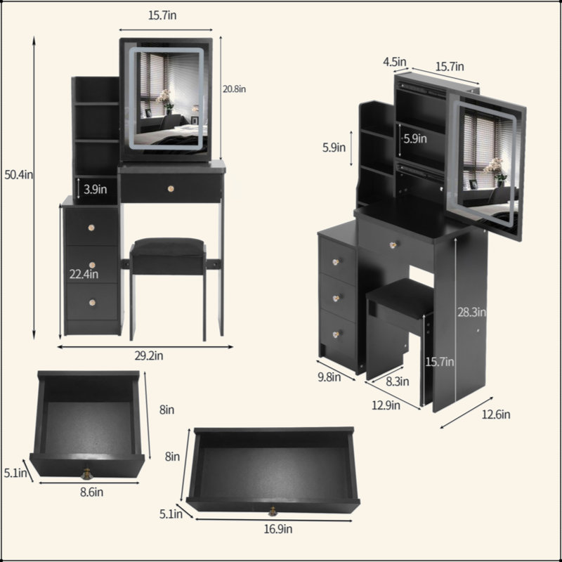 Small Size Left Bedside Cabinet Vanity Table + Cushioned Stool, Touch Control Sliding LED Mirror, Tri-Color Switching, Brightness Adjust, Multi Layer, Suitable For Small Space, EPA,GCC,UL Certificate