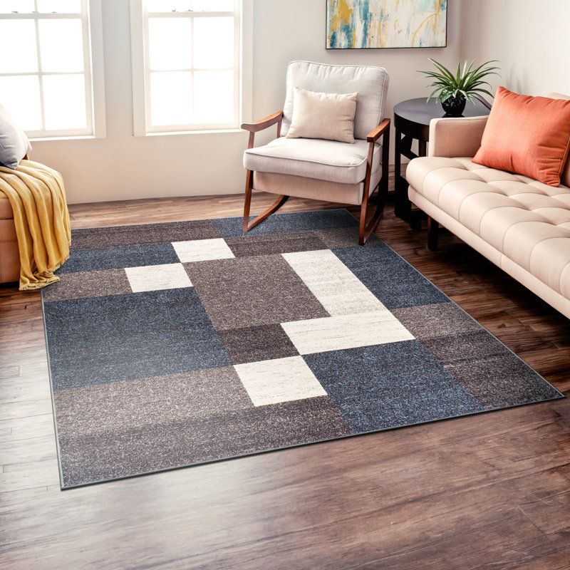 Tapis bleu touffeté à motif géométrique Allyne, Carré 6 pi 6 po