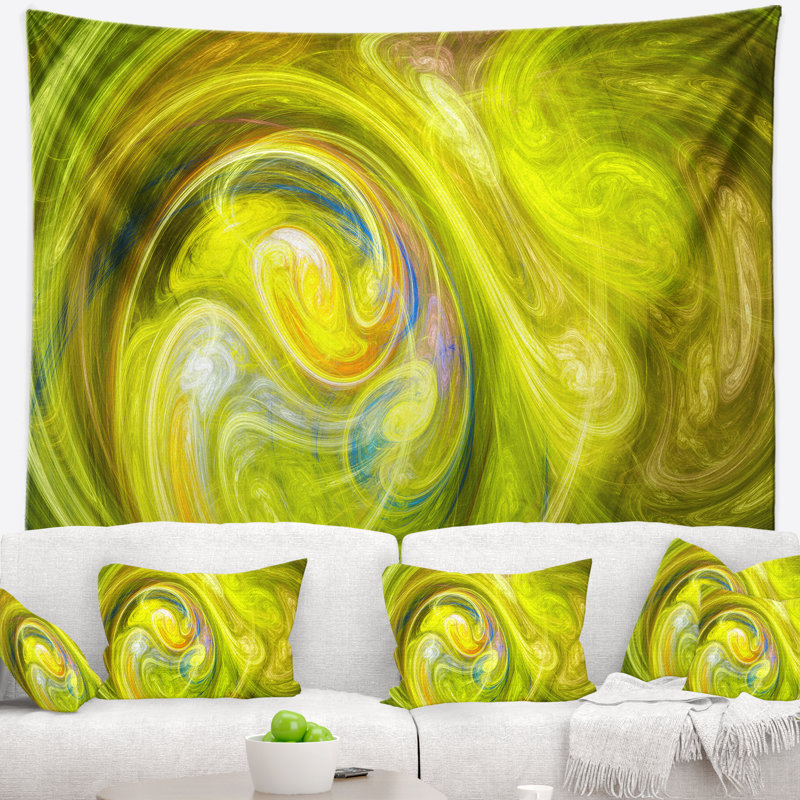 Tapisserie jaune à motif abstrait fractal, H 32 po x l 39 po