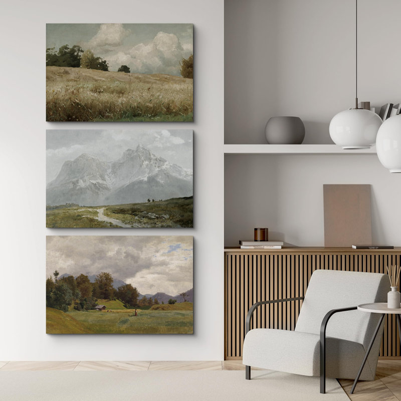 Paysage rustique, matin, ciel nuageux, nature, paysage, paysage sauvage, illustrations - 3 pièces, Toile tendue
