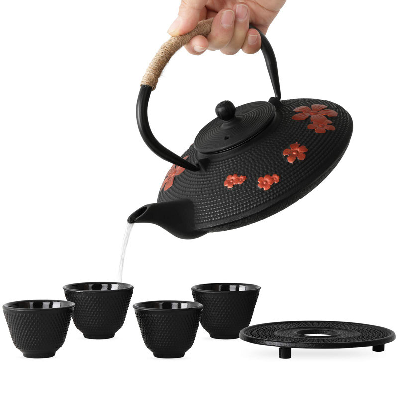 Théière en fonte de style japonais avec 4 tasses à thé Trivet Tetsubin Stovetoptea bouilloire avec infuseur Théière en fer pour adultes