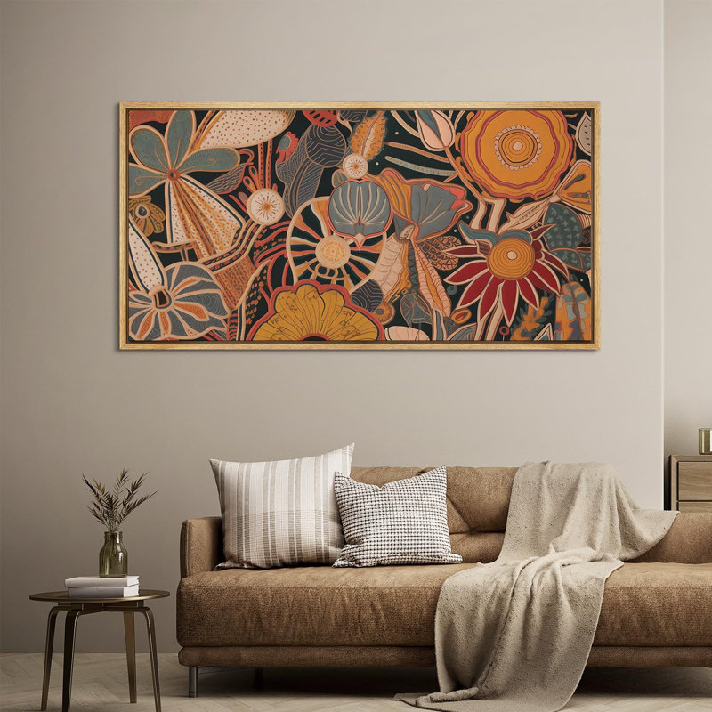 Abstrait botanique abstrait floral et faune bohème vibrant, H 30 po x l 60 po, Naturel