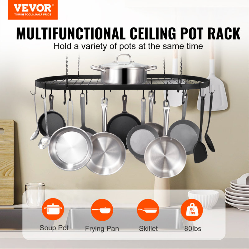 Black Carbon Steel Ceiling Mounted Pot Rack with 12 Hooks