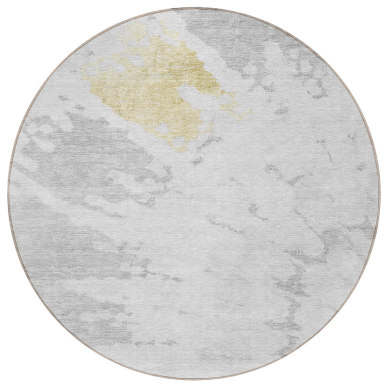 Tapis extérieur rond lavable abstrait gris argenté et ivoire 8 pi