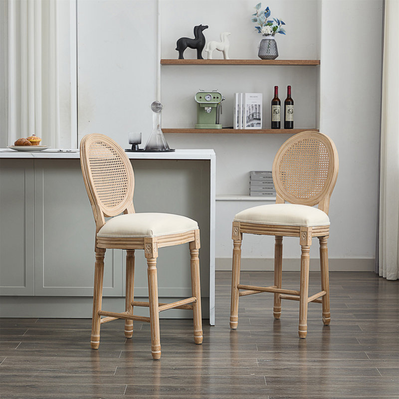 Tabourets de bar en bois à dossier en rotin avec sièges rembourrés, Tabouret de comptoir (siège d'une hauteur de 25,9