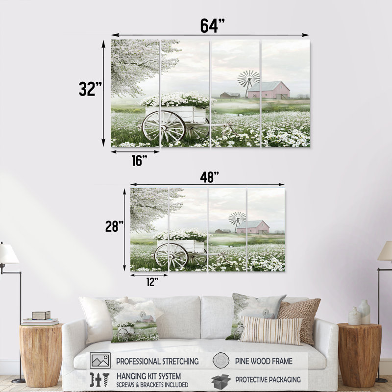 «White Flower Cart At The Barn I», ensemble d'art sur toile, H 32 po x l 64 po