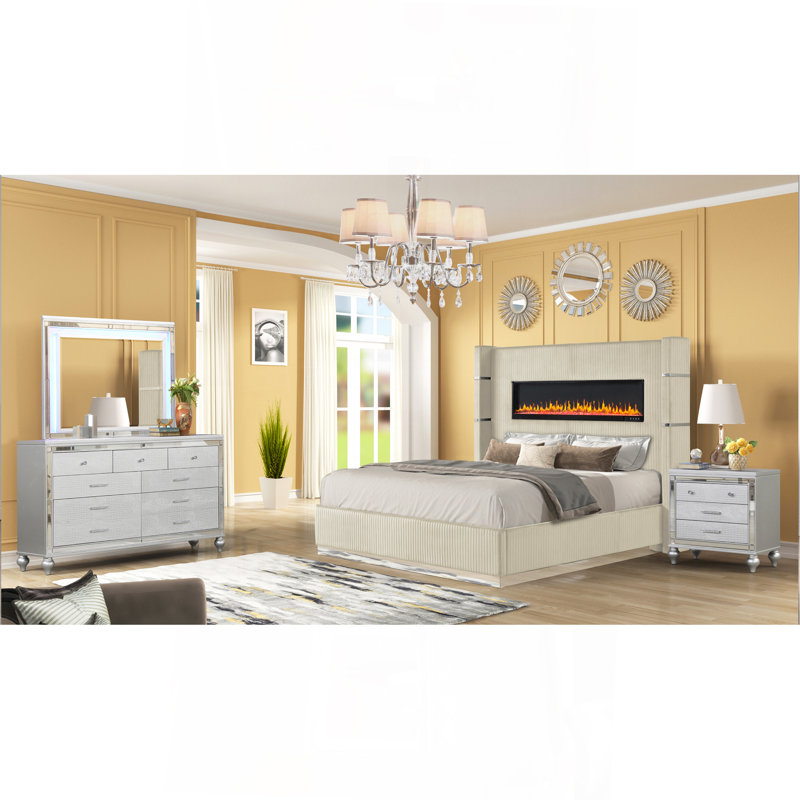 Ensemble de chambre avec grand lit 4 pièces et éclairage ambiant en velours beige Upholstery
