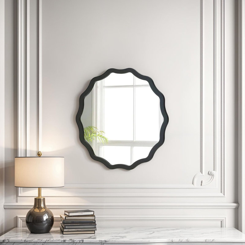 Brexten Flat Wall Mirror, 60cm H x 60cm W, Round/Scalloped/Wavy, Matte Black