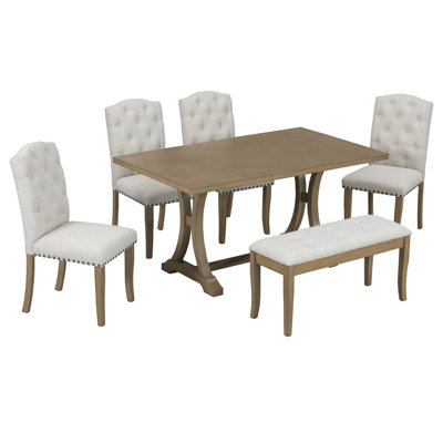 Ensemble de table de salle à manger de ferme 6 pièces TREXM, table à tréteaux rectangulaire et 4 chaises et banc rembourrés pour salle à manger (bois naturel délavé)