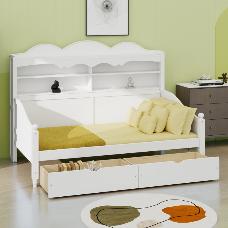 Retro Style Daybed with Storage Drawers and Headboard Shelves for Bedroom and Guest Room, White