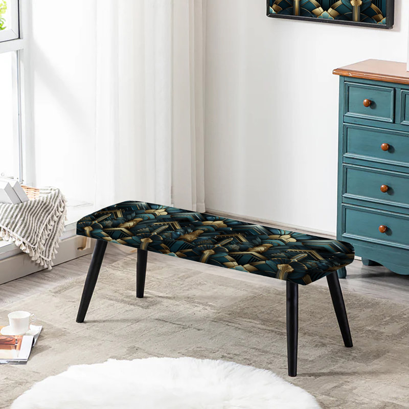 Banc rembourré damassé bleu sarcelle et or Art Deco Glamour