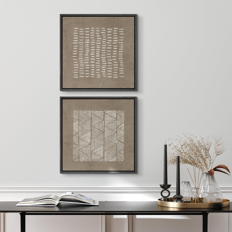 Linear Geometry " Brown Minimalist Line Patterns On Textured Background Modern Art Nordic " 2 - Pieces, 16" H x 16" W, Black