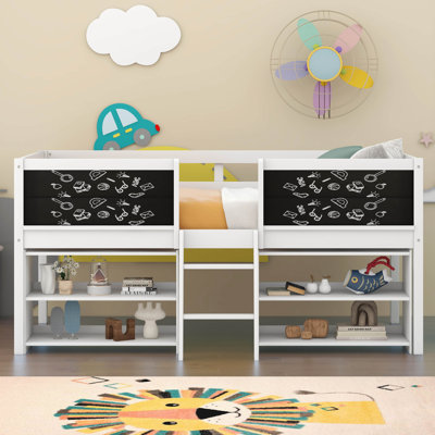 Javuneesha Twin Size Low Loft Bed with Two Movable Shelves and Ladder, Decorative Guardrail Chalkboard -  Harriet Bee, 324614BECFB54EA985A4FC61CEE5A685