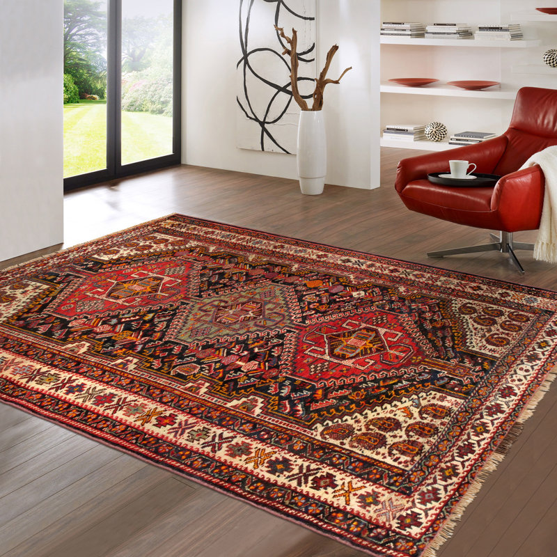 Vintage Hand Knotted Wool Moroccan Area Rug in Red/Ivory/Black