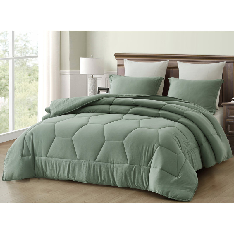 Washed Microfiber Bedding Honeycomb Comforter Set, Queen Comforter + 2 Standard Shams, Sage Green