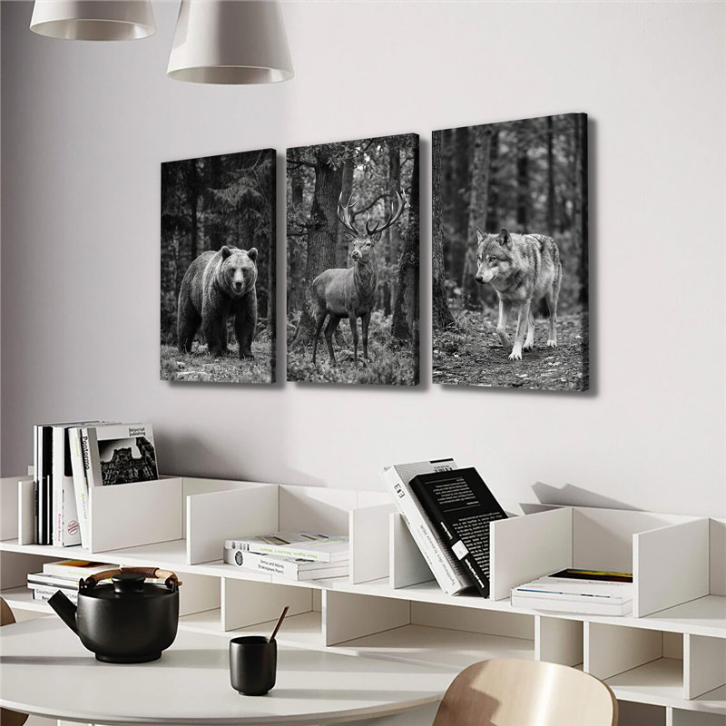 Ours noir et blanc, forêt, loup, cerf, faune, ensemble de 3 impressions sur toile, 28 * 40 pouces * 3