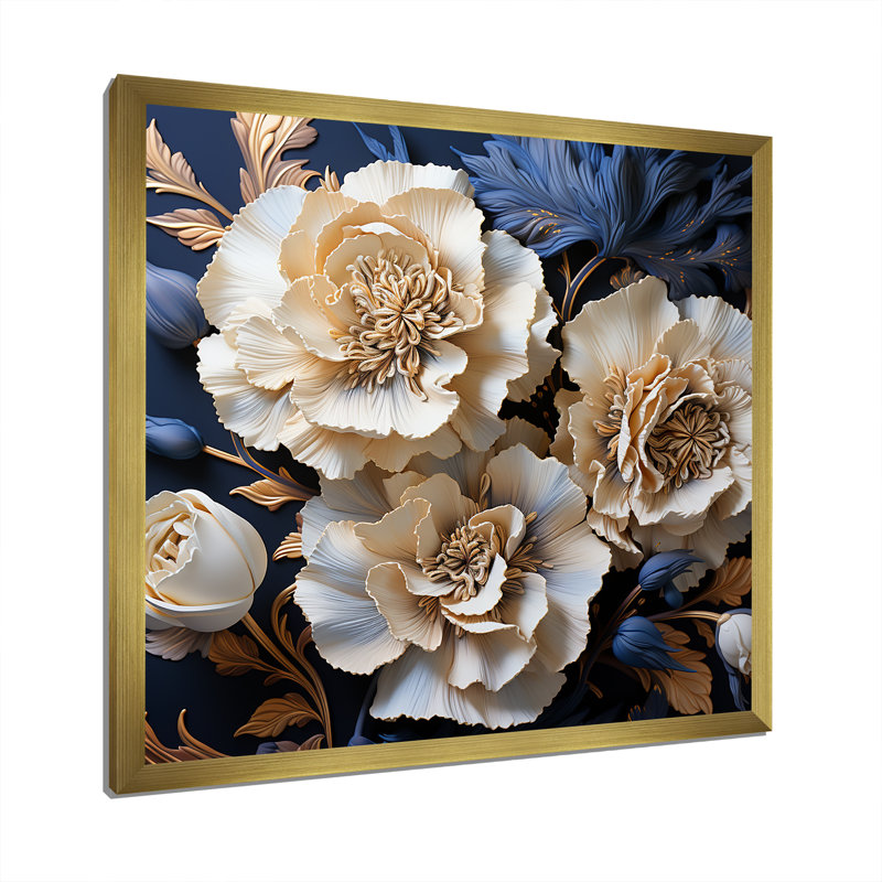 «White Blue Minimalisme Carnations I» sur toile, H 30 po x l 30 po x P 1 po, Cadre doré simple