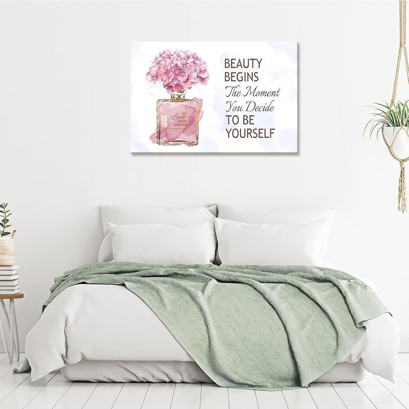 Fashioner Perfume Canvas Wall Art Bottle Pink Flower Canvas Pictures Inspirational Words Canvas Prints Motivational Quetos Wall Decor For Bathroom Bedroom Powder Room