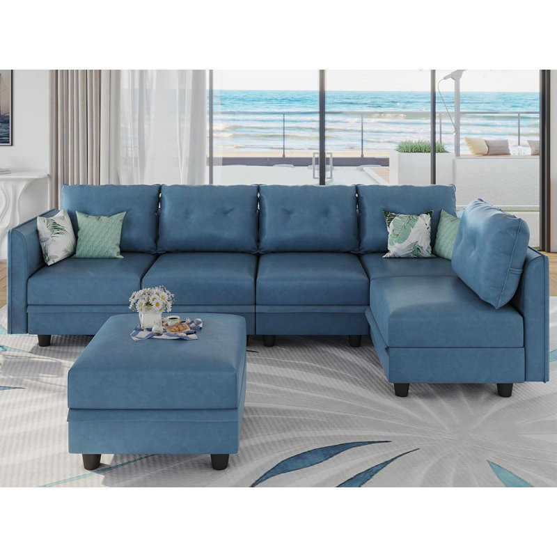Canapé modulaire réversible avec repose-pieds Bresee, Similicuir bleu ciel, H 34 po x l 112 po x P 56 po