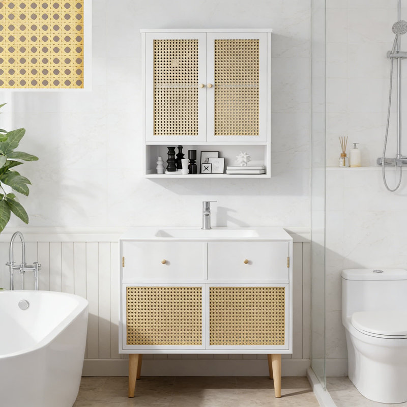 Armoire de rangement en bambou au-dessus de la toilette avec portes en rotin et tablette réglable - Organisateur mural peu encombrant pour la salle de bain, la cuisine ou le salon