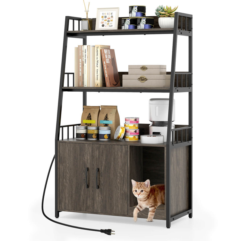 Enceinte de litière pour chat avec tablettes de rangement avec griffoir, station de charge, Gris / Noir