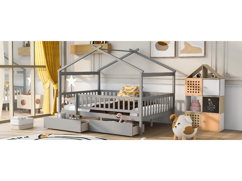 Lit double en bois avec deux tiroirs, gris