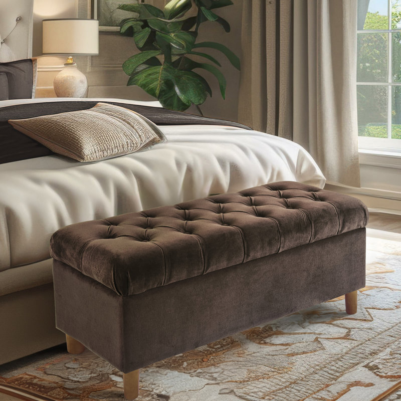 Chocolate Brown Velvet Tufted Storage Bench with Honey Oak Legs
