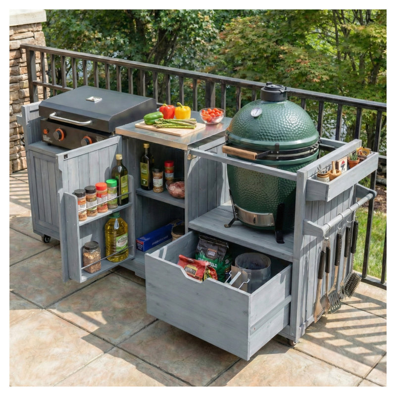 Îlot de cuisine extérieur 80,5 po K&K pour Big Green Egg et plaque chauffante Blackstone