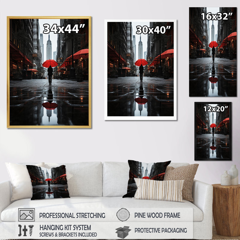 «Lateen», impression monochrome sur fond rouge et gris New York City II, H 32 po x l 16 po x P 1 po, Cadre flottant blanc