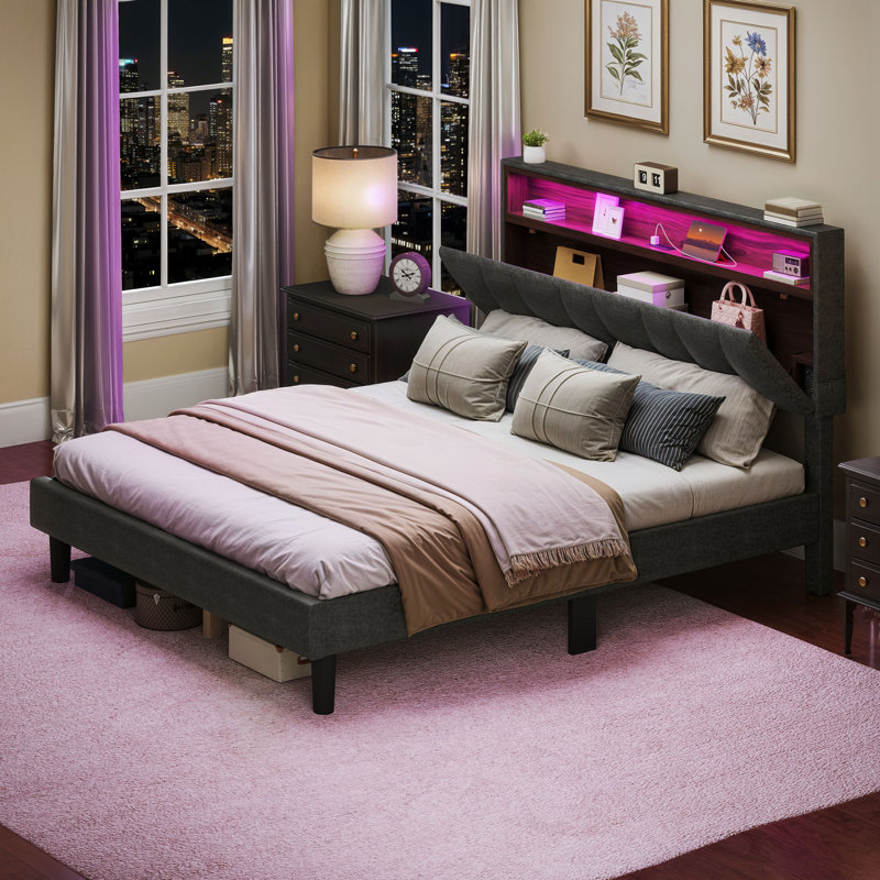 Branae Cushioned Flat Storage Bed with Storage Headboard and LED Lights, Cushioned Bed with Sockets and USB Ports, Gray