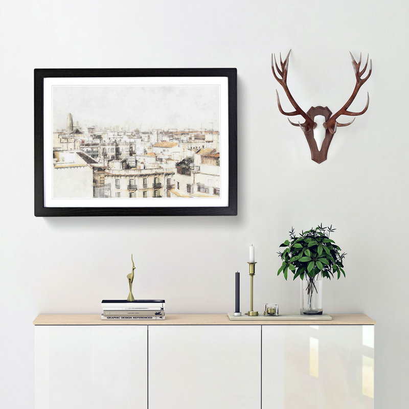 Rooftops in Barcelona Spain - Picture Frame Painting Print, 62cm H x 87cm W x 2cm D, Black Framed