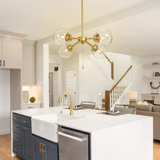 Modern Gold Globe Chandelier With Pull Chain Switch, 4-Light Semi Flush Mount Ceiling Light With Clear Glass Shades For Dining Room & Kitchen