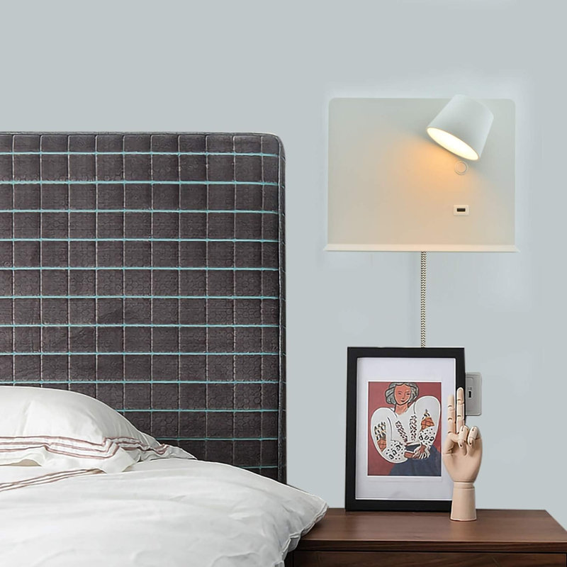 Modern Rotatable White Led Plug In Wall Sconce Light Fixtures With Shelf And Usb Charging Port For Bedroom