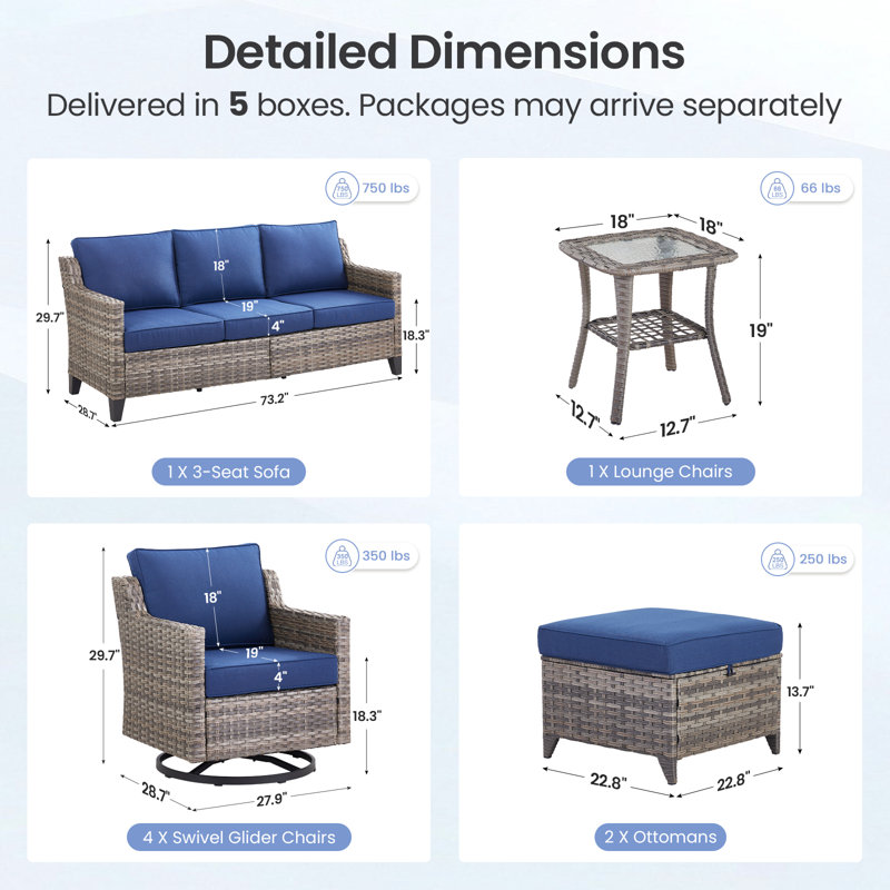 Maelie 8-Piece Patio Conversation Set, Outdoor Wicker Sofa With 4 Swivel Gliders, 2 Ottomans And Side Table, Blue