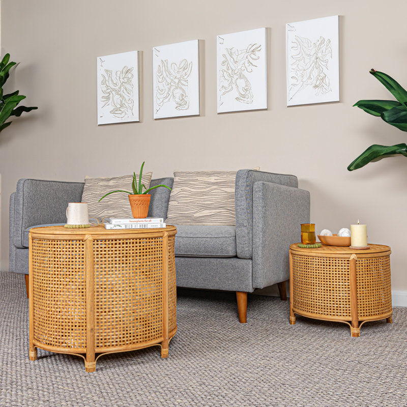 Round Bamboo and Rattan Accent Storage Table, Natural