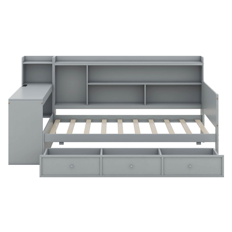 Twin Size Wooden Daybed, Sofa Bed Frame With 3 Storage Drawers, USB Ports, Storage Shelves, And Study Desk, Gray, Twin