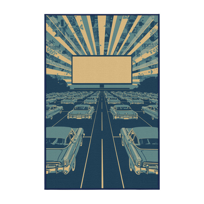 Machine Washable Entertainment & Pop Culture Drive In Theater Vintage Vintage Look Rug in Gray – Navy Binding, 6x9