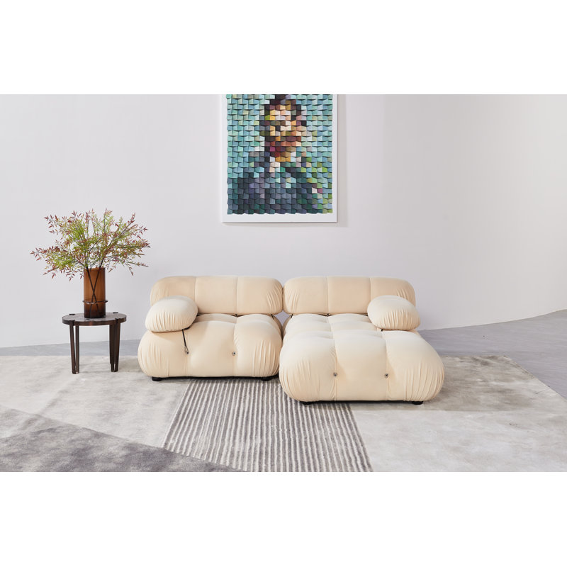 Upholstered L-Shaped Sectional Reversible, Beige Velvet