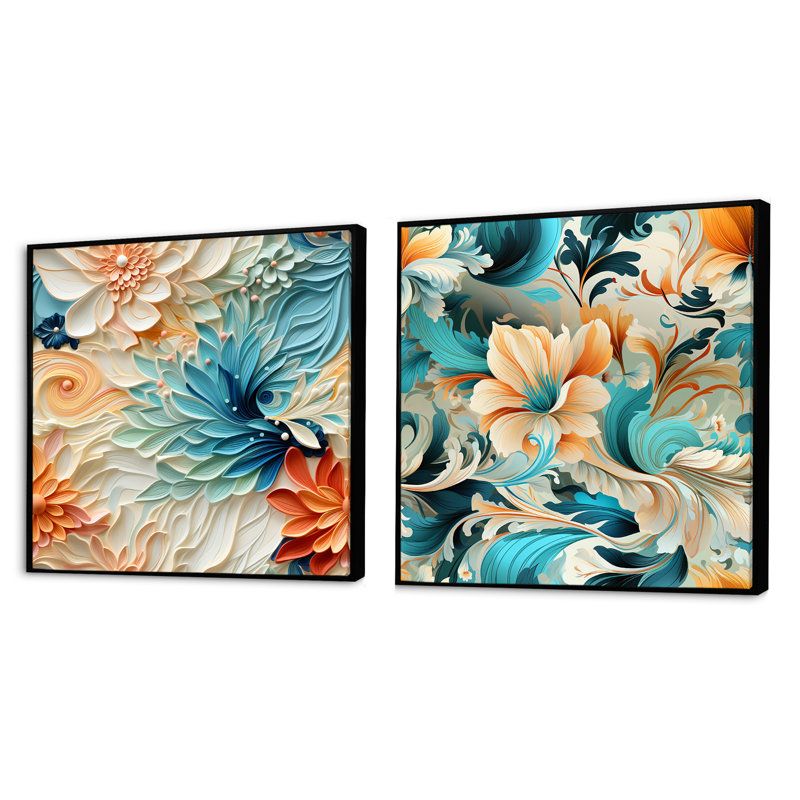 Bagneux - Ensemble de 2 collages floraux et botaniques carrés, Cadre flottant noir, H 16 po x l 33 po