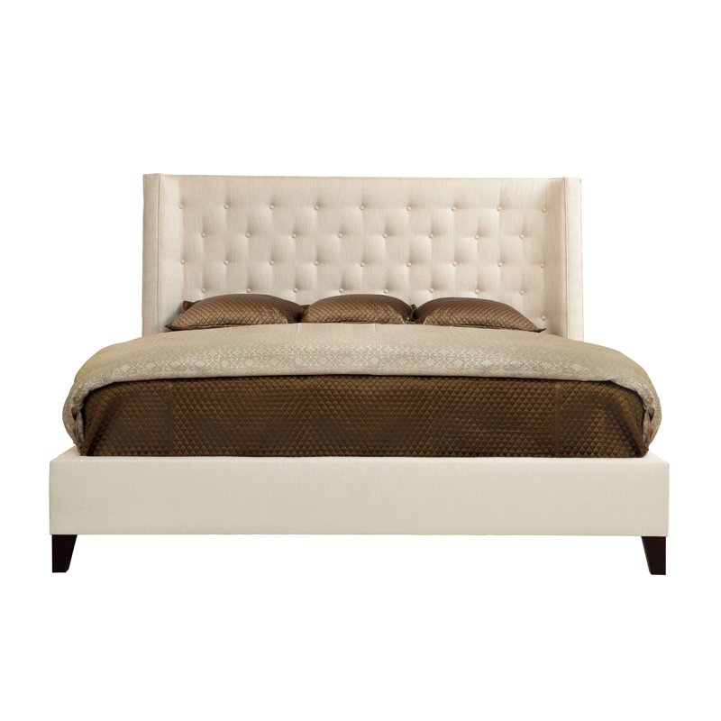 Beige Queen Upholstered Wood Frame Tufted Bed