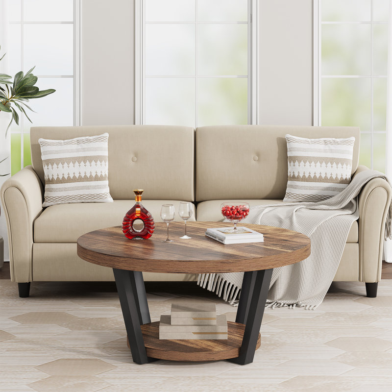 Table basse ronde de 31,5 po, table basse industrielle à 2 niveaux avec tablette de rangement, plateau en bois brun rustique avec structure en métal noir, table de salon
