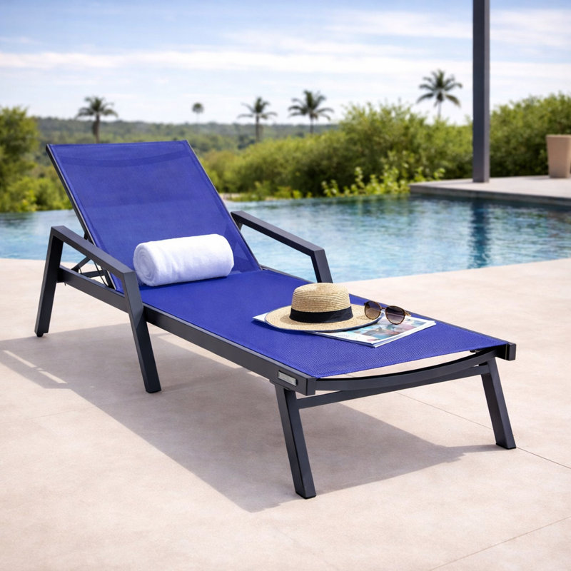 Marlin Outdoor Patio Reclining Chaise Lounge Arm Chair with Powder-Coated Aluminum Frame- Breathable Sling Mesh Fabric, Adjustable Backrest