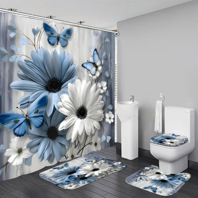 Blue Daisy Butterfly 4 Piece Shower Curtain Set With Rugs, Bath Mats & Toilet Lid Cover