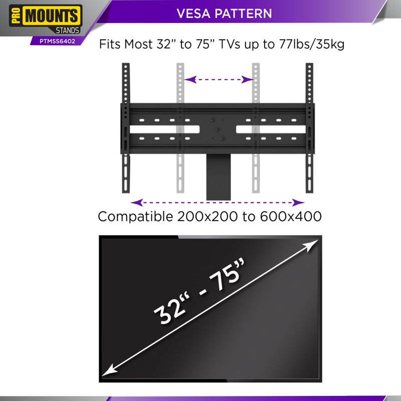 Support de meuble télé ProMount pour téléviseur de 32 à 75 po, réglable en hauteur avec pivot