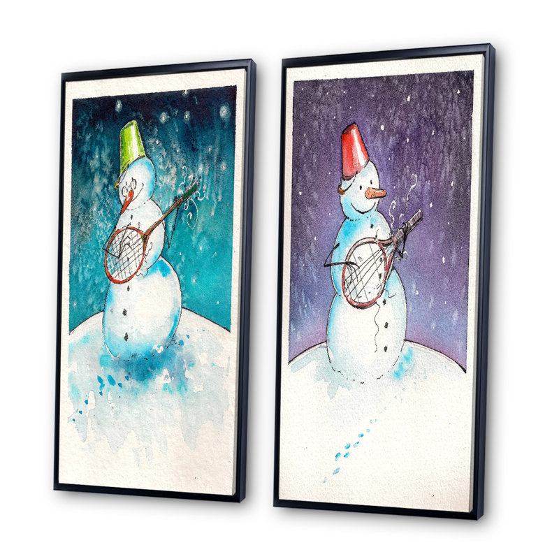 Bonhomme de neige de Noël jouant de la guitare - ensemble de 2 impressions sur toile, H 32 po x l 32 po x P 1 po
