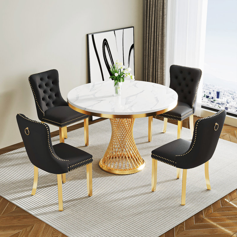 47" 4 - Person Round Marble Dining Table set, Black/Gold, Gold